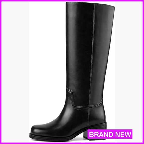 Knee High Boots Chunky Block Heel Square Toe Pull On Fashion Comfortable Riding
